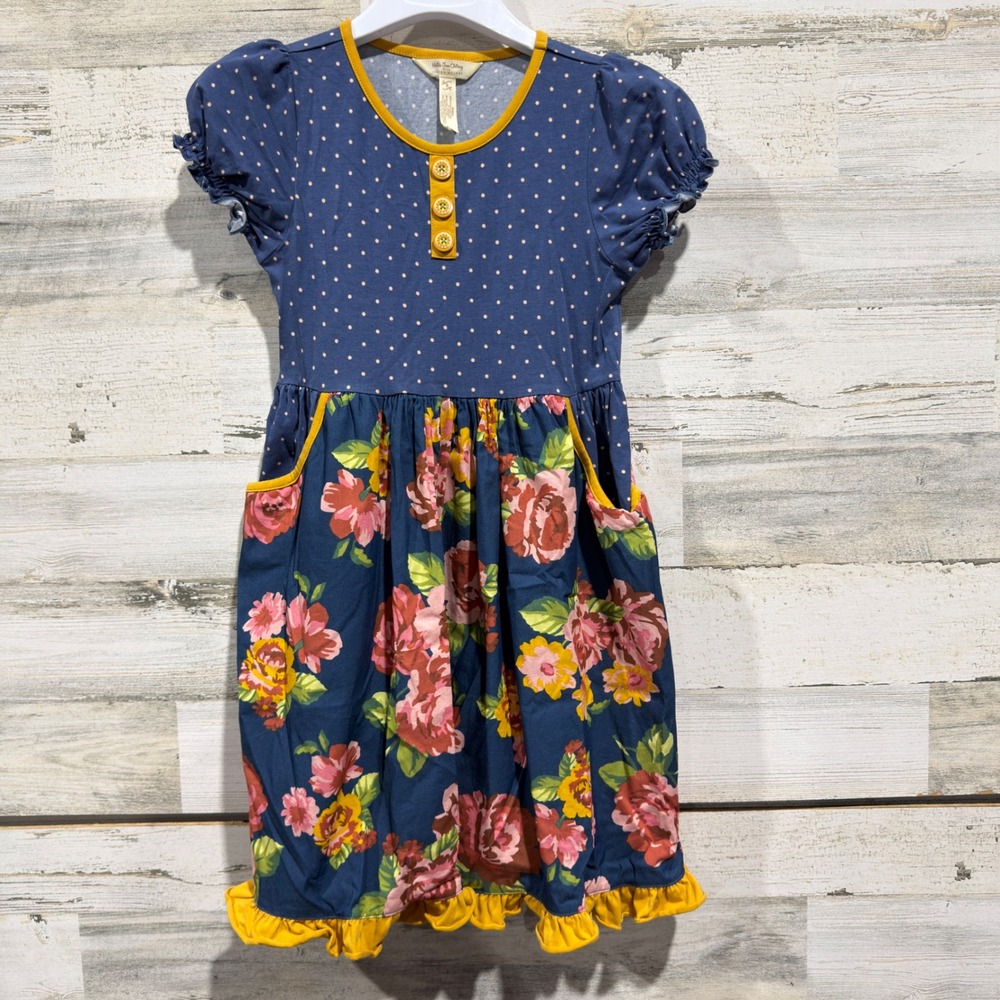 Matilda Jane Joanna Gaines Dress Girls 8 Blue Floral Polka Dot Ruffle Boho EUC